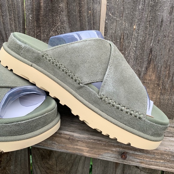 UGG Sandals Goldenstar Cross Platform Slide Moss Green Suede Leather - Picture 10 of 16